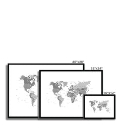 World Map Black And White Framed Print