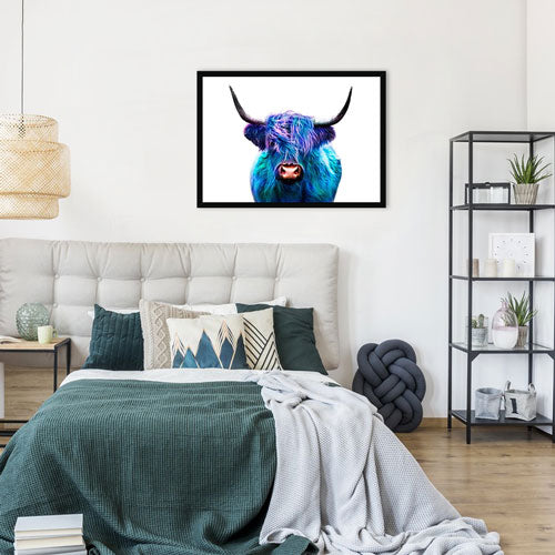 Colourful Blue Highland Cow Framed Print