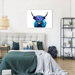 Colourful Blue Highland Cow Framed Print