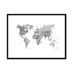 World Map Black And White Framed Print