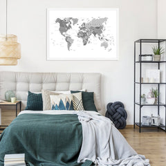 World Map Black And White Framed Print