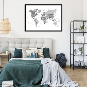 World Map Black And White Framed Print