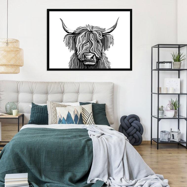 Monochrome Highland Cow Framed Print